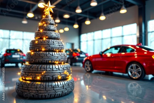 Christmas tree and new automobile, indoors. Christmas tree made of car tires with garland lights, a car showroom in the background. The car dealership is decorated for the winter holiday. Copy space