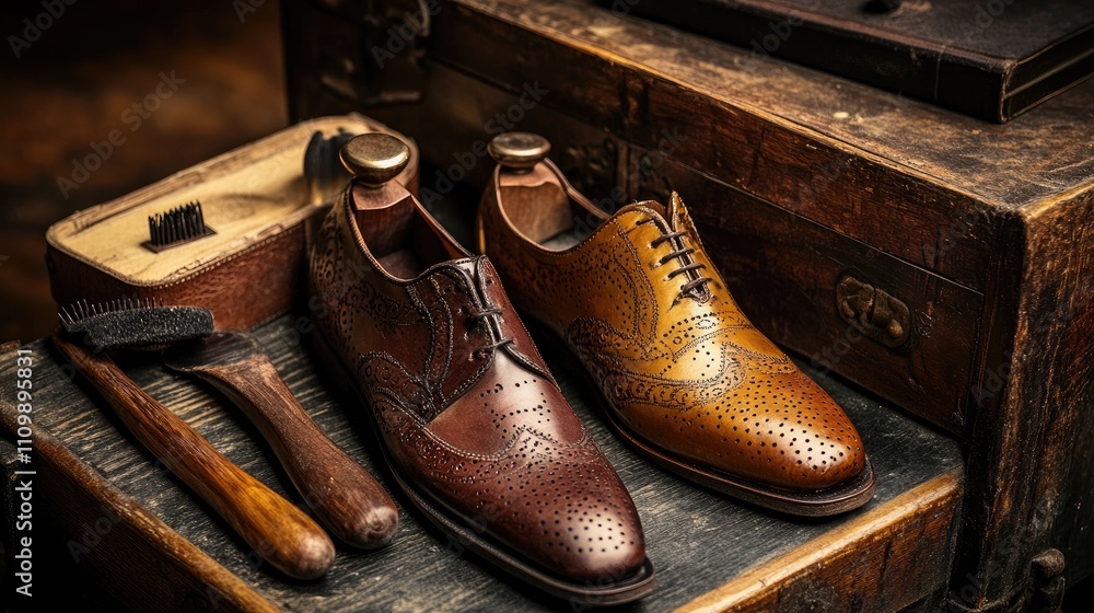Elegant Leather Shoes on Rustic Wooden Table with Shoe Care Tools Elegant Leather Shoes on Rustic Wooden Table with Shoe Care Tools