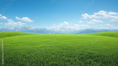 Serene Meadow under a Blue Sky: A vast expanse of verdant meadow stretches towards snow-capped mountains, under a clear blue sky dotted with fluffy white clouds.