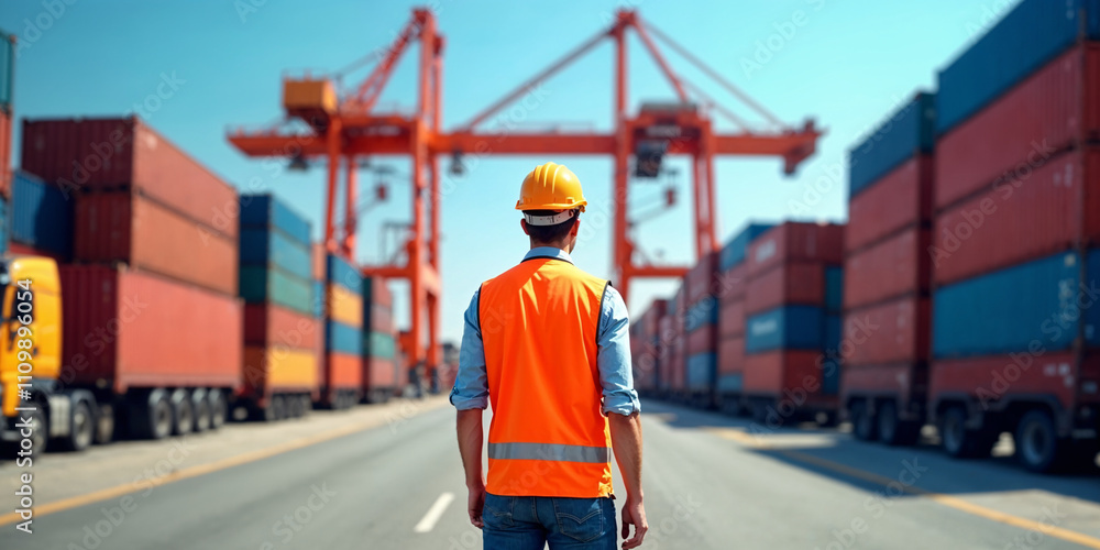 Construction worker inspecting a busy shipping port with towering cranes and container stacks under a clear blue sky Construction worker inspecting a busy shipping port with towering cranes and container stacks under a clear blue sky