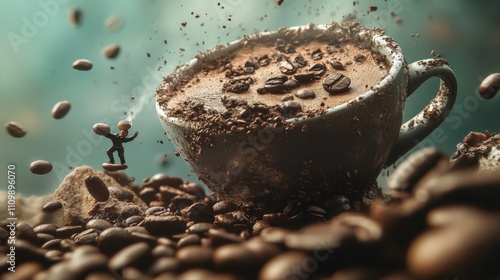 A tiny figure appears to be carrying coffee beans in a surreal scene featuring an oversized coffee cup and scattered beans. The dynamic composition emphasizes the contrast in scale. AI generated. photo