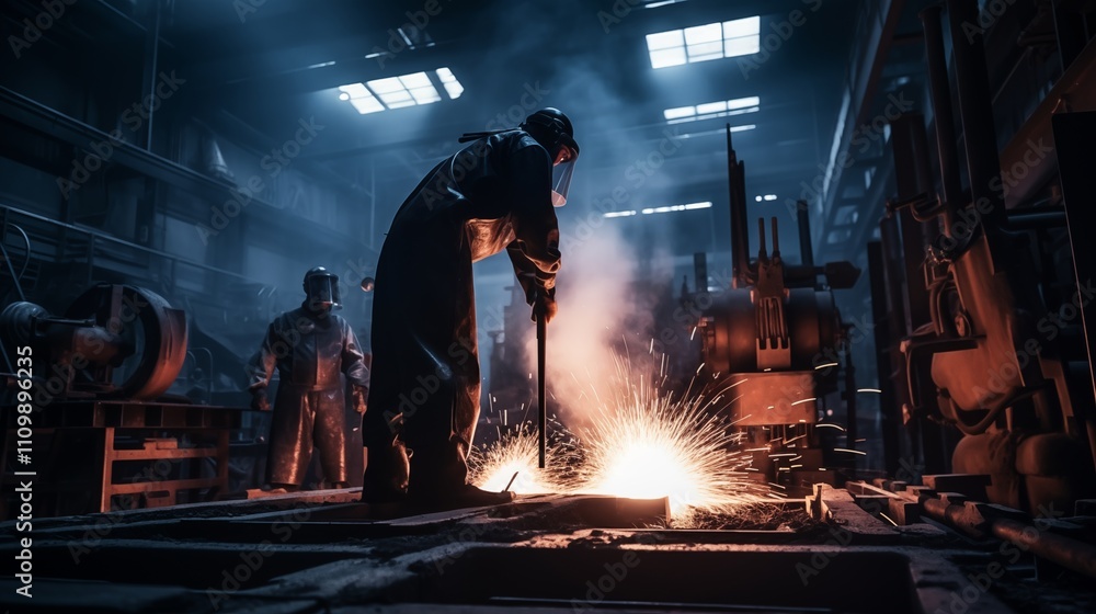 Heavy metal forging in factory ambient light space on the right,generative ai illustration Heavy metal forging in factory ambient light space on the right,generative ai illustration