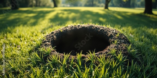 A mysterious dark hole dug into the green grassy ground, a hidden entrance to an unknown world photo