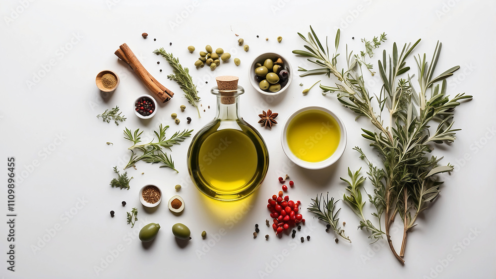 Top view of olive oil, spices, and herbs on a white backdrop Top view of olive oil, spices, and herbs on a white backdrop