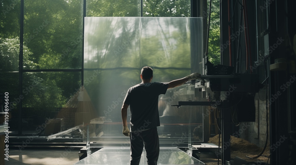 High-tech glass polishing process, soft natural light, space on the right side,generative ai illustration High-tech glass polishing process, soft natural light, space on the right side,generative ai illustration