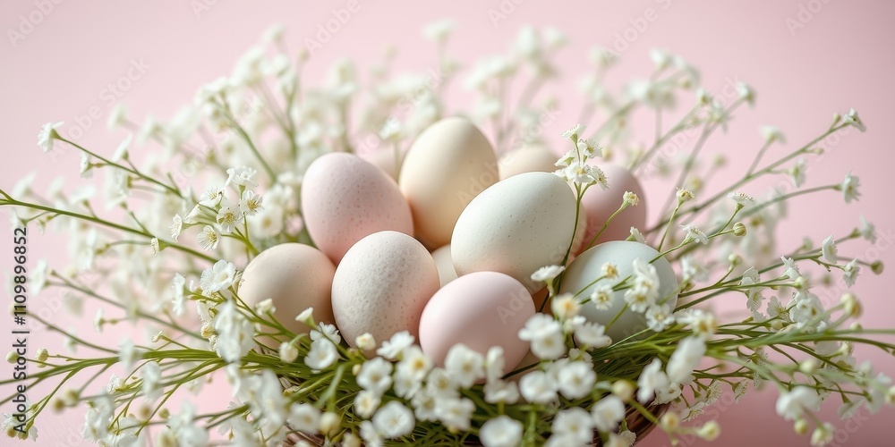 A delicate arrangement of pastel-colored eggs nestled amongst a bed of soft white blossoms, creating a symphony of spring-like hues and textures. A delicate arrangement of pastel-colored eggs nestled amongst a bed of soft white blossoms, creating a symphony of spring-like hues and textures.