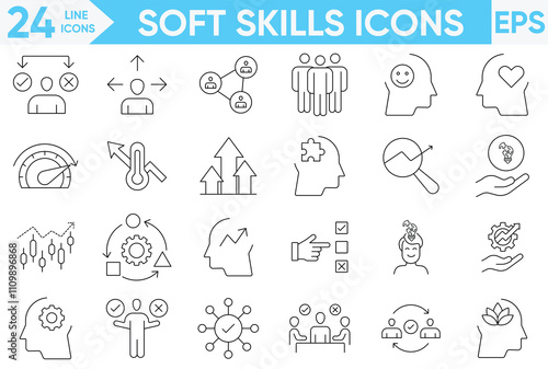 soft skills. Linear icon collection. Editable stroke.Soft skills line icon set. Containing communication, teamwork, empathy, time management and work ethics icons.