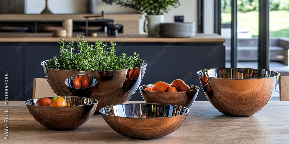 A stylish arrangement of metallic bowls with fruits and herbs on a wooden table.