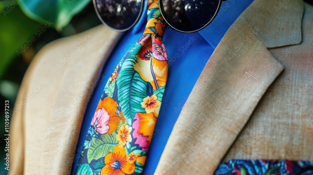 Fototapeta premium Stylish Attire with Floral Tie and Sunglasses Against Greenery