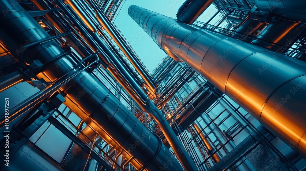 A series of pipes are shown in a metallic blue color. The pipes are connected to each other and are arranged in a way that they form a spiral shape. Concept of movement and fluidity A series of pipes are shown in a metallic blue color. The pipes are connected to each other and are arranged in a way that they form a spiral shape. Concept of movement and fluidity