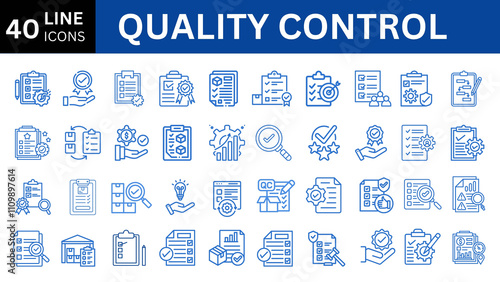 Quality control set of web icons in line style. Quality control icon set. 40 Containing inspection, evaluation, product, quality assurance, process, testing and more. Solid vector icons collection. photo