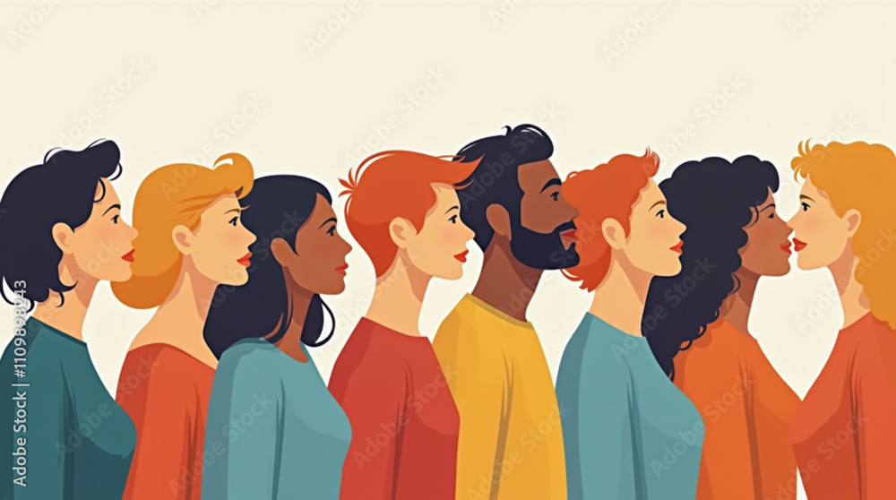 Obraz premium Vector illustration of a diverse group of people in side profile.