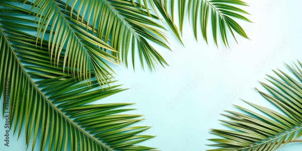 Tropical Palm Leaves Create a Simple yet Striking Frame Against a Light Blue Background Tropical Palm Leaves Create a Simple yet Striking Frame Against a Light Blue Background
