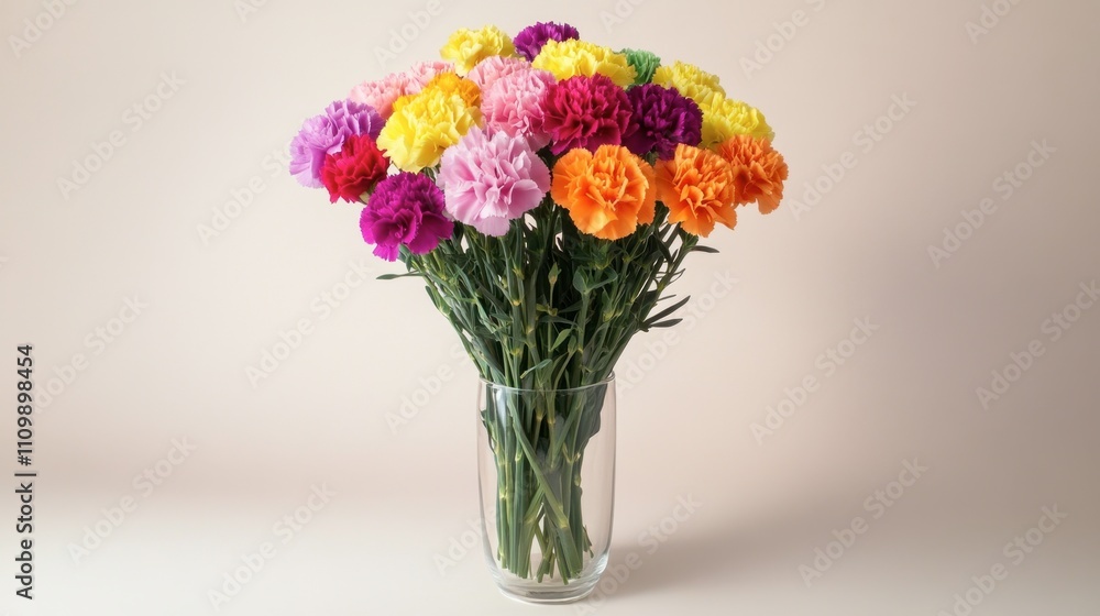 Obraz premium Colorful Carnation Bouquet in Clear Vase on Light Background