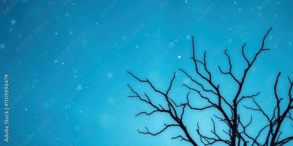 A Silhouette of a Bare Tree Reaching Up Towards a Sky Filled with Falling Snow A Silhouette of a Bare Tree Reaching Up Towards a Sky Filled with Falling Snow