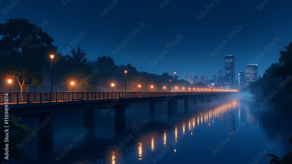 A pedestrian bridge crossing over a calm river at night. Lanterns line the bridge, casting warm glows on the water, with faint city lights in the distance. anime A pedestrian bridge crossing over a calm river at night. Lanterns line the bridge, casting warm glows on the water, with faint city lights in the distance. anime