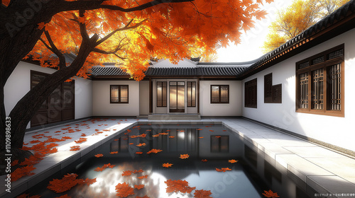 Traditional chinese courtyard with pond reflecting surrounding buildings duri...