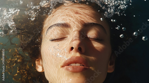 Young woman holding breath underwater with eyes closed