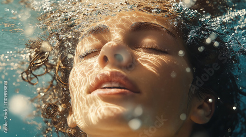 Young woman holding breath underwater with eyes closed
