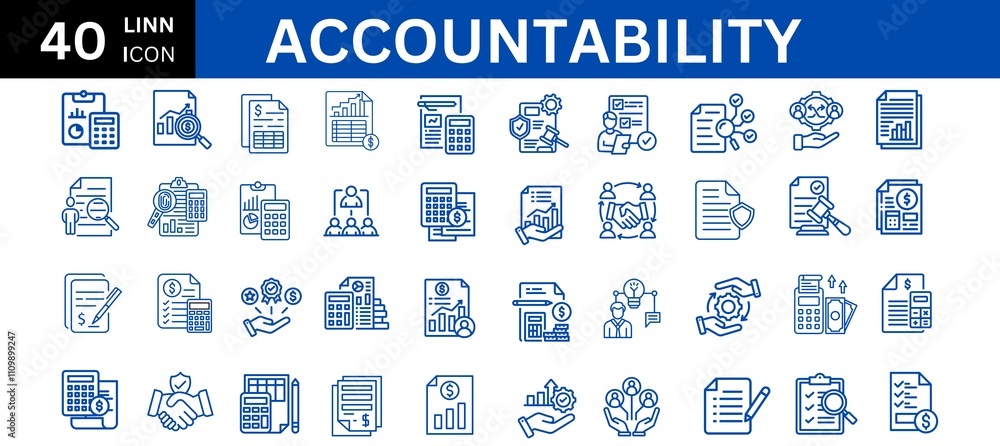 Accountability line icons. Integrity Symbol, Ethical Values, Transparency Icon, Accountability, Moral Compass, Fair Practices, Code of Conduct, Honesty Badge and Trustworthy Actions Accountability line icons. Integrity Symbol, Ethical Values, Transparency Icon, Accountability, Moral Compass, Fair Practices, Code of Conduct, Honesty Badge and Trustworthy Actions