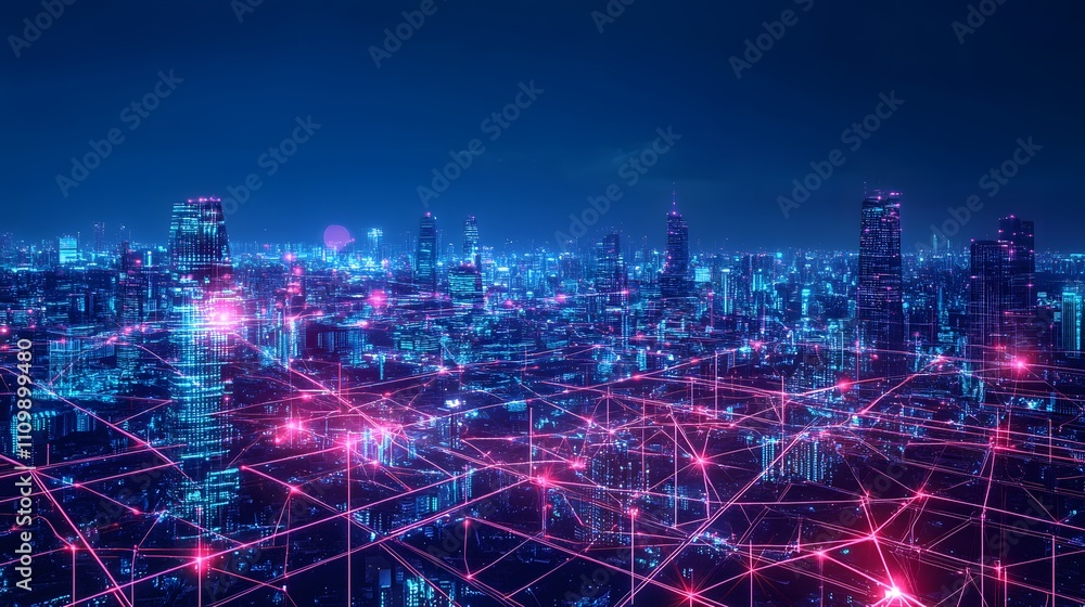 Fototapeta premium A cityscape with many buildings and a network of red dots connecting them. Concept of connectivity and interdependence between the buildings and the people who live and work in them