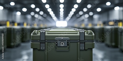 Heavy-duty lockboxes, rugged utilitarian style, dark green, front view focus, with busy loading dock background. photo