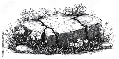 A cracked stone surrounded by flowers and grass, illustrating natural beauty and resilience. photo