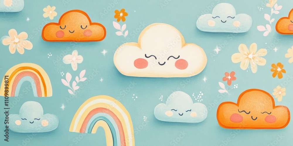 A whimsical illustration featuring smiling clouds, flowers, and a rainbow on a blue background. A whimsical illustration featuring smiling clouds, flowers, and a rainbow on a blue background.