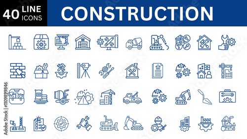 set of line icons related to construction. Construct, worker, tools, machines, oil, wall, drill, measure, excavator and so on. Vector outline icons set.