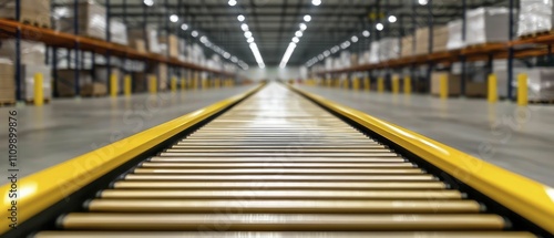 Robotic conveyor belt, futuristic design, bright yellow, front view focus, with warehouses and automated sorting systems background.