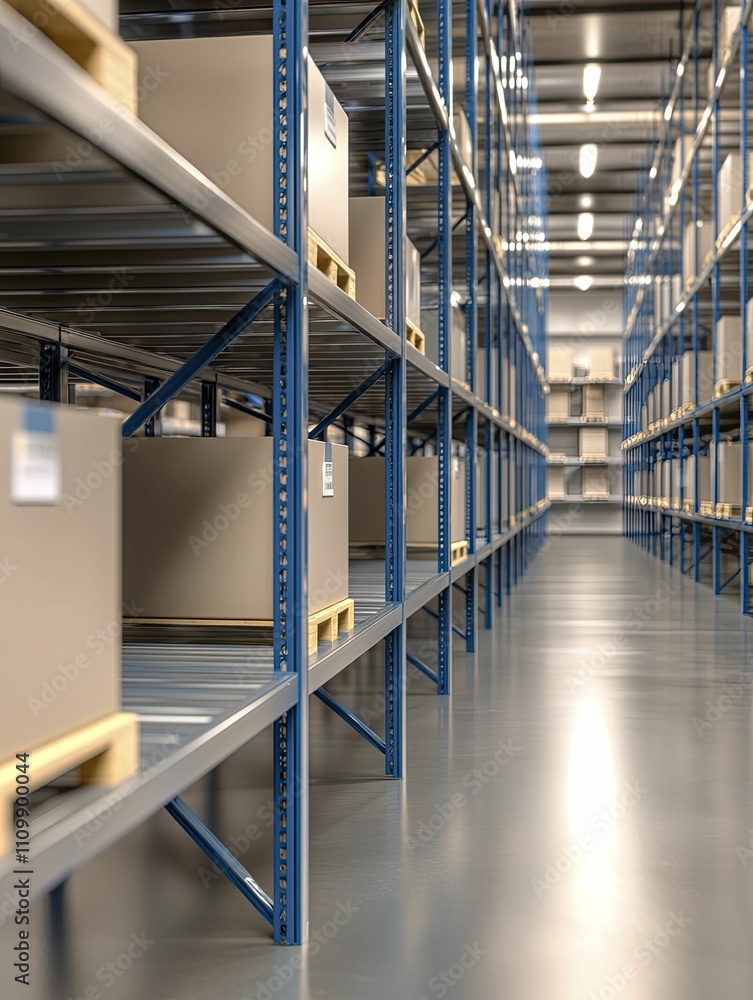 Fototapeta premium Warehouse Efficiency Assessment tools, modern industrial style, metallic gray and blue, top view focus, with organized shelving and equipment background.