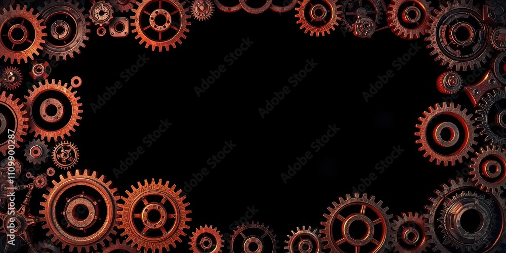 Cogs, gears, and wheels arranged in a circular frame against a black background, creating a stunning visual of intricate machinery. Cogs, gears, and wheels arranged in a circular frame against a black background, creating a stunning visual of intricate machinery.