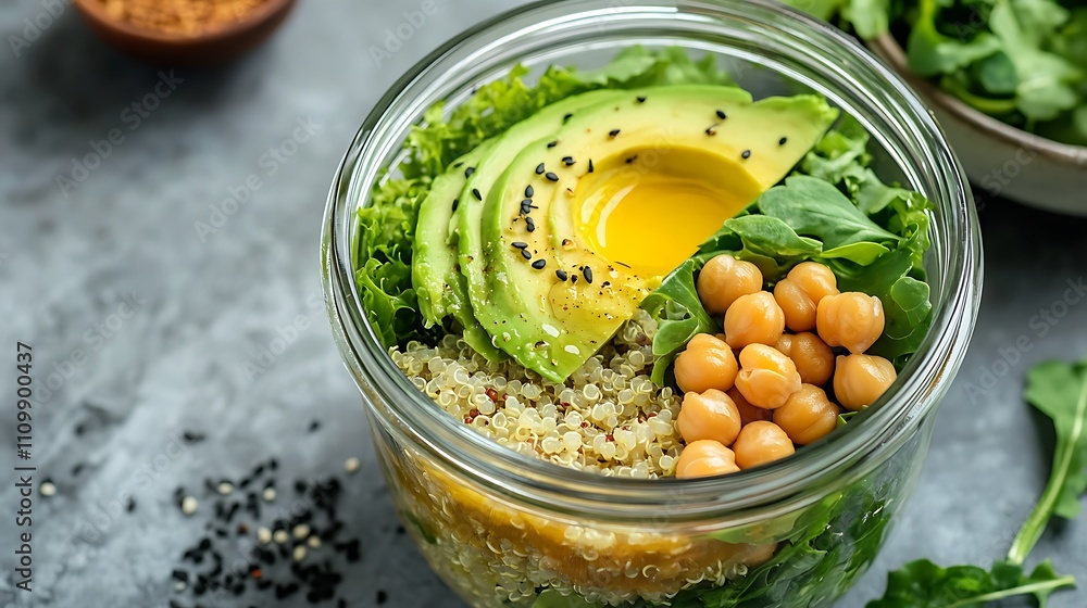 A vegan salad in a glass jar with layers of quinoa, avocado, chickpeas, and greens, promoting healthy, easy meal prep A vegan salad in a glass jar with layers of quinoa, avocado, chickpeas, and greens, promoting healthy, easy meal prep