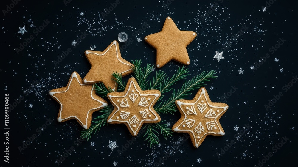 Star-shaped gingerbread cookies decorated with white frosting and arranged with a green pine branch on a black background with white glitter scattered around them. Star-shaped gingerbread cookies decorated with white frosting and arranged with a green pine branch on a black background with white glitter scattered around them.