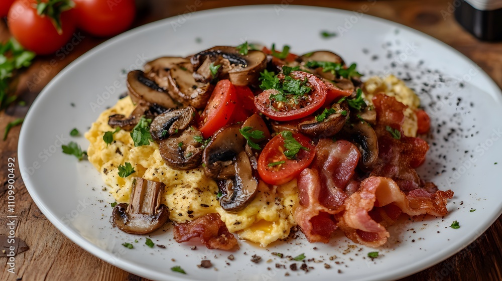 Delicious Breakfast Platter: Eggs, Bacon, Mushrooms, and Tomatoes Delicious Breakfast Platter: Eggs, Bacon, Mushrooms, and Tomatoes