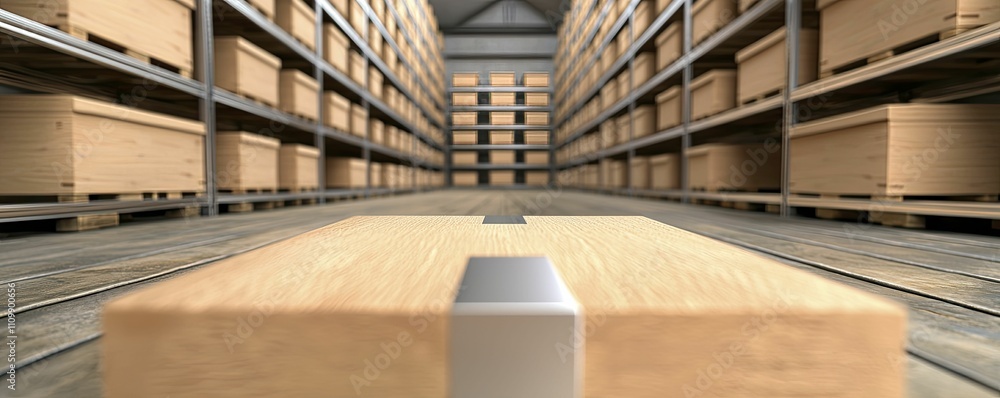 Obraz premium Warehouse storage solutions, modern industrial design, metal and wood, front view focus, showcasing organized shelving and streamlined workflow setup.