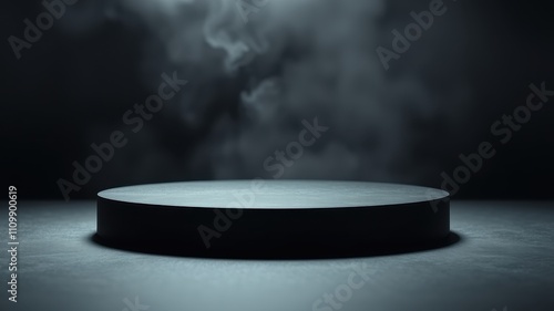 A minimalist black circular pedestal with a backdrop of white smoke in a dimly lit setting.