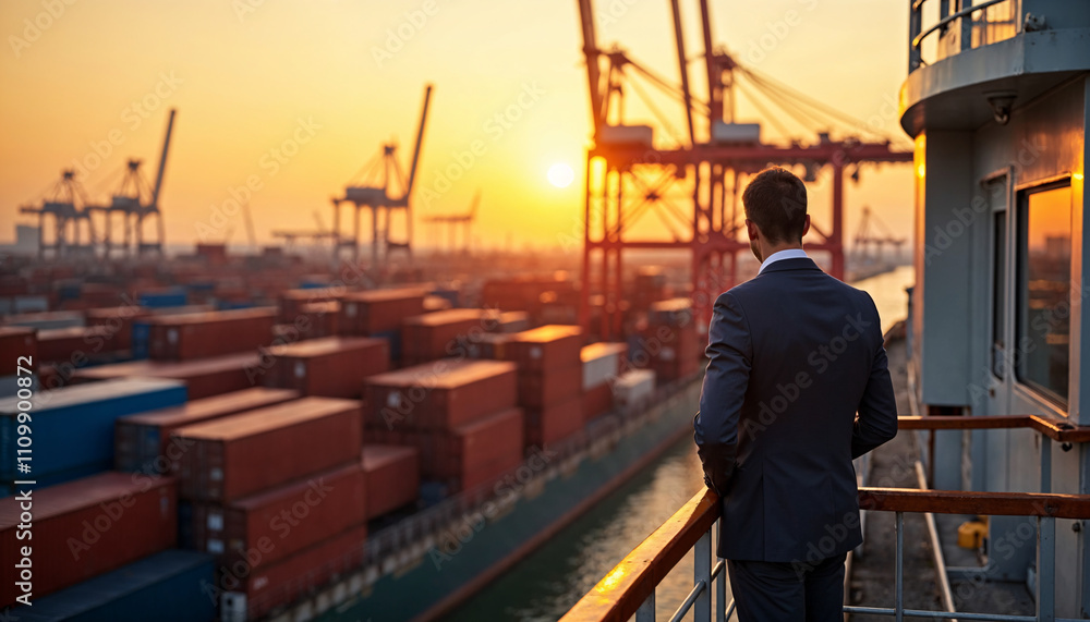 Business professional observes shipping containers and port activities during sunset while standing on a ship's deck near a bustling port Business professional observes shipping containers and port activities during sunset while standing on a ship's deck near a bustling port