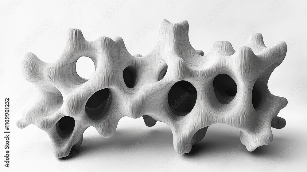 Abstract sculptural form with organic shapes and holes, suggesting a blend of art and design. Abstract sculptural form with organic shapes and holes, suggesting a blend of art and design.
