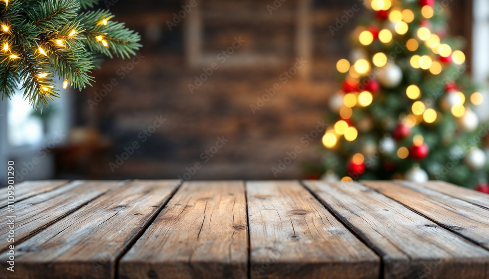 Cozy wooden table setting adorned with festive decorations and a beautifully lit Christmas tree in a warm, inviting interior during the holiday season Cozy wooden table setting adorned with festive decorations and a beautifully lit Christmas tree in a warm, inviting interior during the holiday season