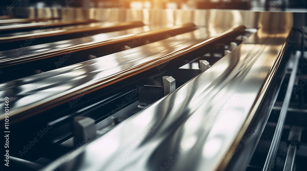 Shiny metal parts on conveyor belts, soft natural light, space on the left,generative ai illustration Shiny metal parts on conveyor belts, soft natural light, space on the left,generative ai illustration