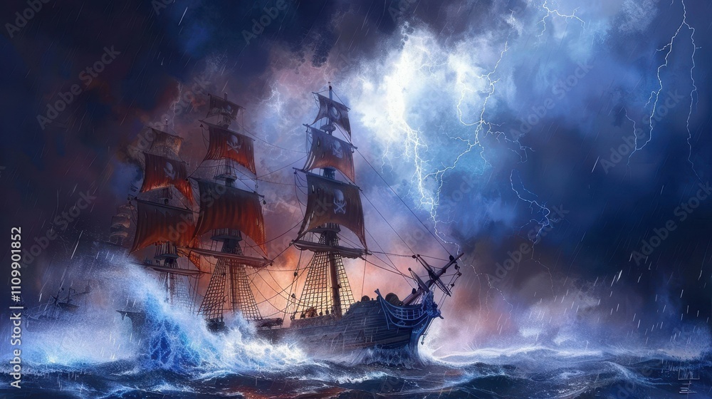Stormy sea, sailing ship, crashing waves, lightning. Stormy sea, sailing ship, crashing waves, lightning.