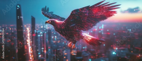 Digital bird soars above glowing city lights.