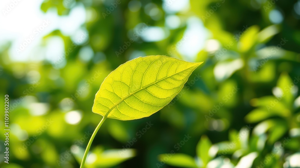 A single leaf basking in the sunlight, with a backdrop of verdant foliage creating a soft, dreamy effect. A single leaf basking in the sunlight, with a backdrop of verdant foliage creating a soft, dreamy effect.