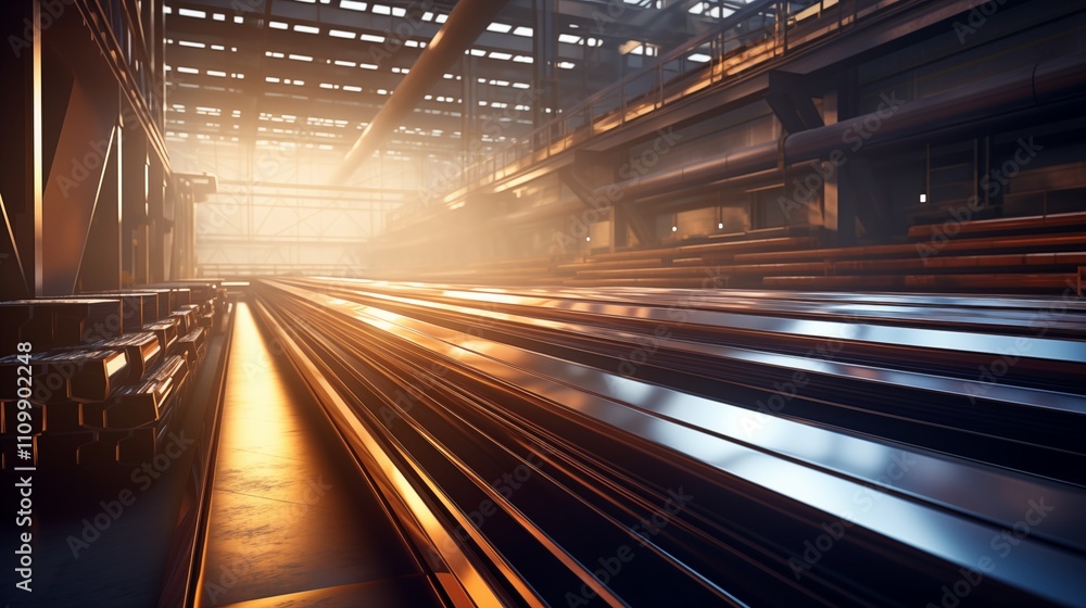 Steel pipe production line soft natural light space on the right,generative ai illustration Steel pipe production line soft natural light space on the right,generative ai illustration