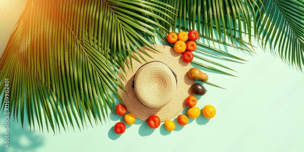 A Straw Hat Nestled Amongst Palm Fronds and Tropical Fruit on a Light Blue Background A Straw Hat Nestled Amongst Palm Fronds and Tropical Fruit on a Light Blue Background