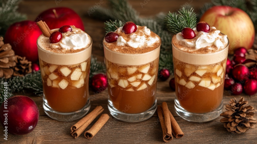 Three Glasses of Spiced Apple Cider with Whipped Cream and Cranberries Three Glasses of Spiced Apple Cider with Whipped Cream and Cranberries