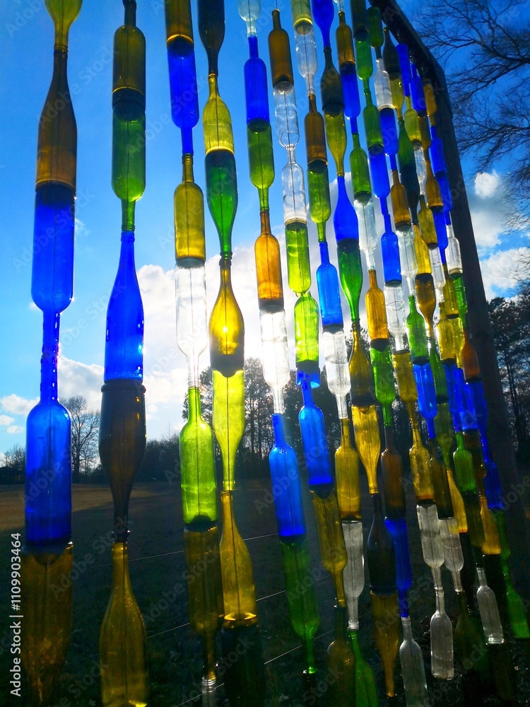 Blue yellow and green glass bottles Blue yellow and green glass bottles