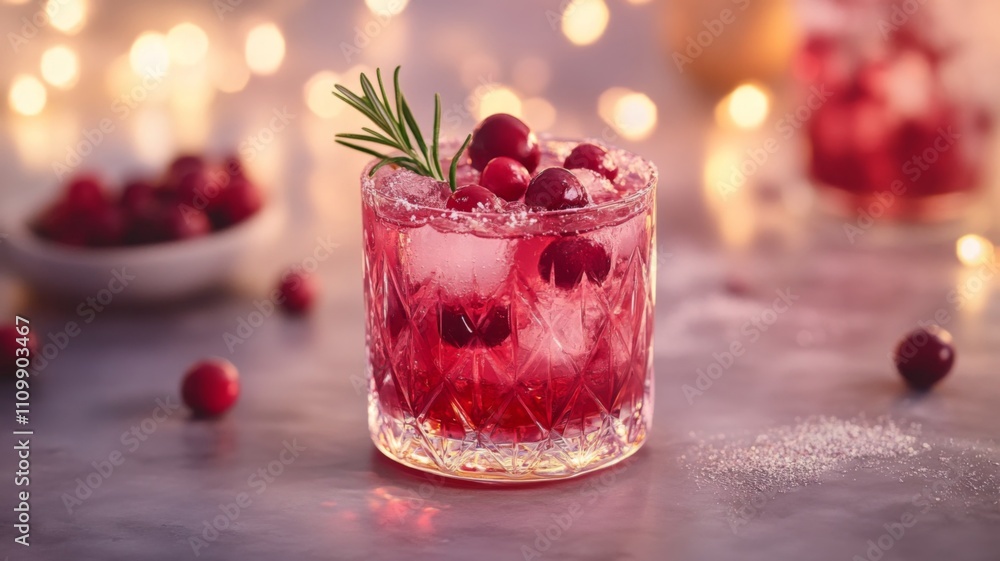 Cranberry Rosemary Cocktail with Ice and Sugar Rim in a Crystal Glass Cranberry Rosemary Cocktail with Ice and Sugar Rim in a Crystal Glass