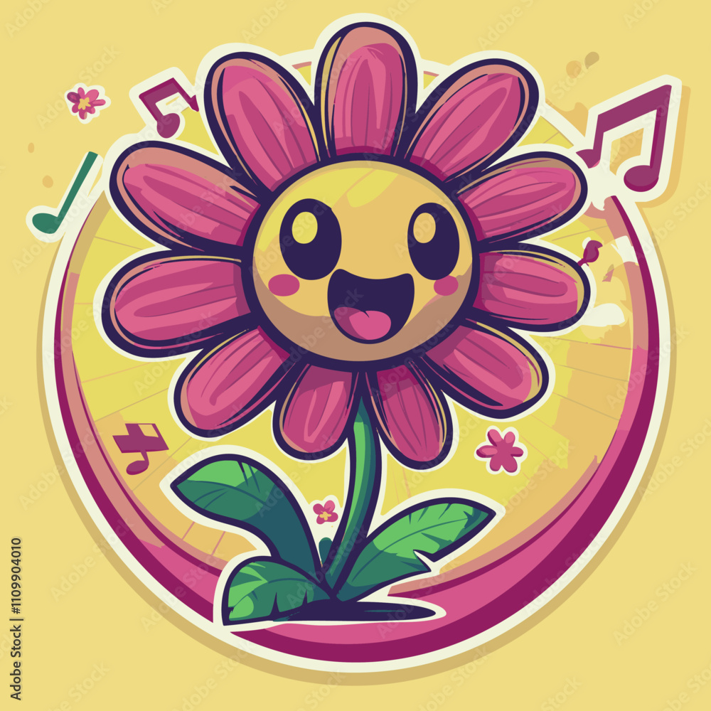 Fototapeta premium A cheerful cartoon flower character with a bright smile, dancing to music. Fun and colorful sticker-style illustration.
